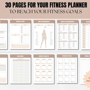 May include: A printable fitness planner with 30 pages to help you reach your fitness goals. The planner includes sections for all about me, before and after, body measurements, monthly measurements, my measurements, goals, milestones, monthly weigh-in, progress photos, and weekly shopping list.