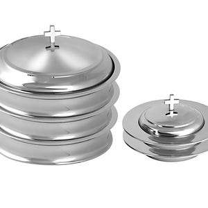 Communion Ware – 3 Holy Wine Serving Trays with Lid & 2 Stacking Bread Plates with Lid – Stainless Steel (Matte/Mirror Finish)