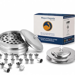 May include: A stainless steel communion ware set including a stackable bread plate with a perforated insert, a lid with a cross finial, and twenty small communion cups. The set is displayed next to its branded box labeled Mayur Exports.