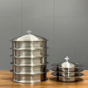 Communion Ware Set – 5 Holy Wine Serving Trays with Lids & 3 Stacking Bread Plates with Lids – Stainless Steel (Matte/Mirror Finish)