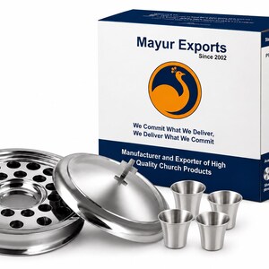 Communion Tray with Cover, 24 Cups & Center Bread Plate, Stainless Steel Eucharist Set