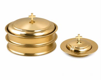 Abendmahlsbesteck aus Gold mit Brotteller und Deckel | Kirchengeschirr aus Edelstahl