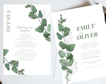 Greenery Wedding Invitation Set, Eucalyptus Wedding Invitation Set, RSVP & Details Card, Digital Printable Wedding Invite, Boho Wedding