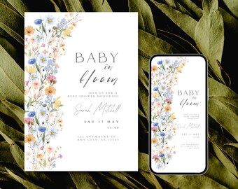 Floral baby shower invitation, Wildflower baby shower invitation, Digital invitation template, versatile invitation, gender neutral invite