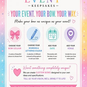 May include: A pastel-colored informational graphic titled YOUR EVENT KEEPSAKES. It features instructions for customizing bows, including choosing colors, wording, dates, and venues. The design includes icons of a bow, pencil, calendar, and map pin.