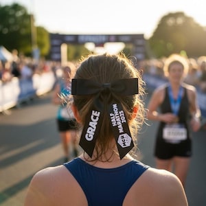 May include: A black hair bow with two long tails featuring white text. The left tail displays the name GRACE, while the right tail features the text MCR HALF MARATHON 2025 with a small graphic logo. The bow is secured in hair above a dark blue tank top.