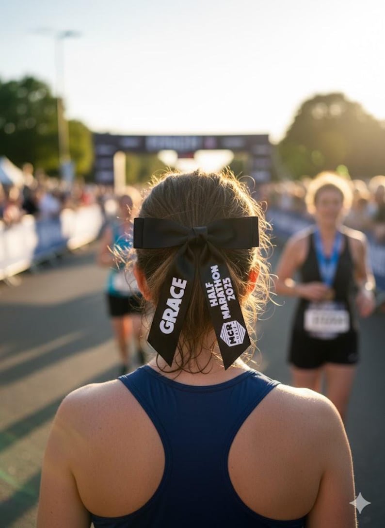 May include: A black hair bow with two long tails featuring white text. The left tail displays the name GRACE, while the right tail features the text MCR HALF MARATHON 2025 with a small graphic logo. The bow is secured in hair above a dark blue tank top.