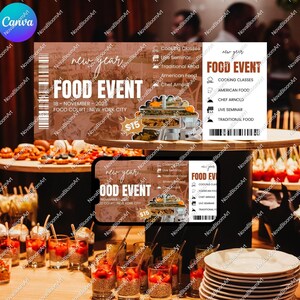 May include: A brown and white ticket for a New Year's Food Event. The ticket says "New Year Food Event" and "18 - November - 2025" and "Food Court: New York City". The ticket also says "$15".
