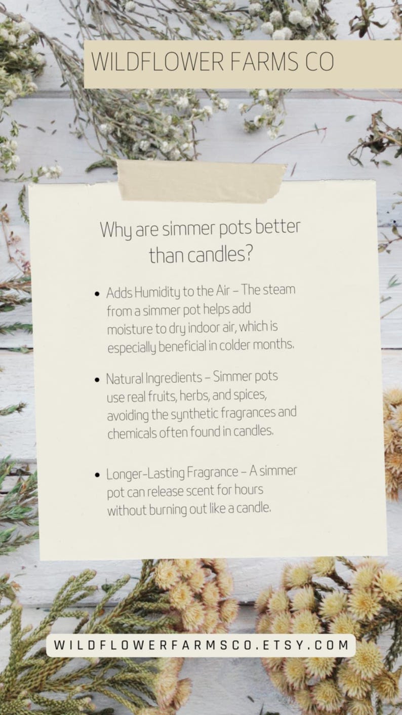 May include: A white card with black text explaining why simmer pots are better than candles. The text lists three reasons: adds humidity to the air, uses natural ingredients, and has a longer-lasting fragrance. The card is on a white wooden surface with dried flowers.