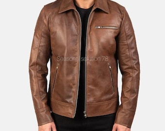 Veste en cuir marron cognac pour homme, col chemise classique, cuir de qualité supérieure, manteau en cuir marron vintage, doux et confortable, poche