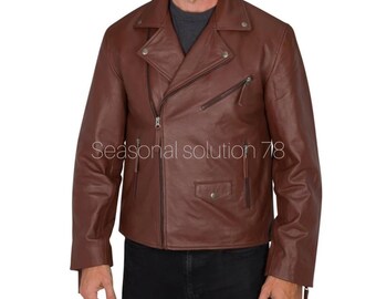 Blouson motard pour homme 100 % cuir véritable (qualité supérieure) - Look décontracté de vêtement d&#39;extérieur pour motard Ace - Couleur marron