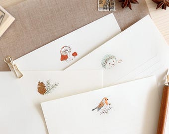 Woodland Letter Writing Set | Gold Foil Korean Stationery | Hedgehog Robin Pine Cone Paper Set