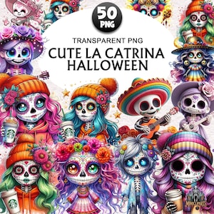 Cute La Catrina  Clipart Bundle, Sugar Skull Png, Halloween Clipart, Dia de Muertos Png, Spooky Season Clipart, Day Of The Dead Png