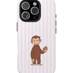 May include: A phone case featuring a cartoon monkey holding a cookie. The case has a pink and white striped background. The phone case has a black camera and side buttons.
