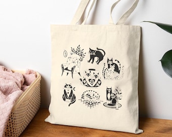 Cats Cotton Tote Bag | Hand Drawn Design | Natural Cotton Tote Bags | Canvas Cloth | Cute Animal | Pets, Cat Owner Cat Lover