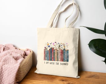 I'm With The Banned, Banned Books Tote Bag, Bookish Gifts Bookworm Shoulder Bag Tote Bag Floral Book Bag Book Carrying Bag Book Lover Gifts