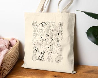 Dogs Cotton Tote Bag | Hand Drawn Design | Natural Cotton Tote Bags | Canvas Cloth | Cute Animal | Pets, Dog Owner Dog Lover
