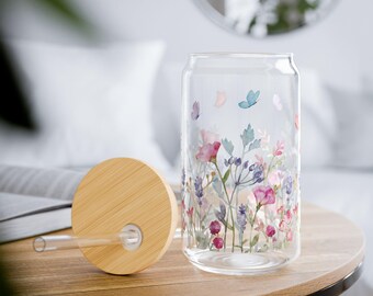 Aesthetic Flower Glass Tumbler| Bamboo Lid