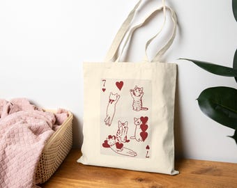 Cat Lover Tote Bag | 7 of Hearts Playing Card Design | Whimsical Cotton Canvas Bag | Everyday Use or Gift
