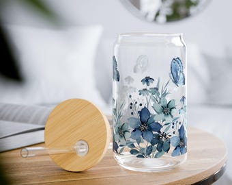 Aesthetic Flower Glass Tumbler| Bamboo Lid