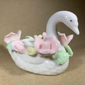 Small White Porcelain Swan with Colored Applied Porcelain Flowers