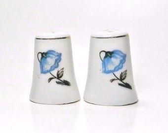 Vintage Miniature Porcelain Salt & Pepper Shakers with Blue Flower Made in Japan