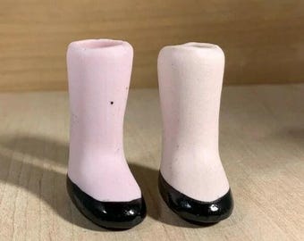 Bisque Porcelain Doll Legs with Black Painted Shoes - Overall Length: 1 1/4"