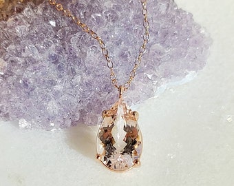 Morganite Pear Pendant: Peachy Pink Gemstone, Rose Gold Fill Chain