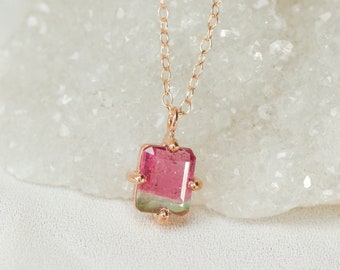 Rose Gold Watermelon Tourmaline Pendant, Dainty Prong Set Heart Chakra Pendant, Emerald Cut Tourmaline, Healing Pink Chakra