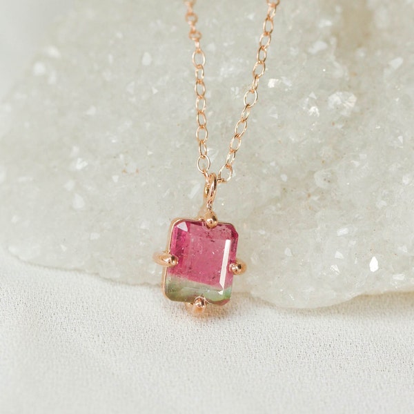 Rose Gold Watermelon Tourmaline Pendant, Dainty Prong Set Heart Chakra Pendant, Emerald Cut Tourmaline, Healing Pink Chakra