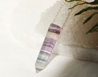 Raw Rainbow Fluorite Point Necklace: Sterling Silver Crystal Pendant