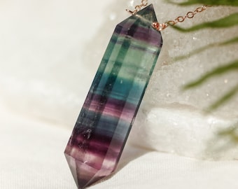 Rainbow Fluorite Double Point Necklace, Protective Fluorite Pendant, Cleansing Crystal,Teal Green Fluorite, Purple Fluorite, Meditation Tool