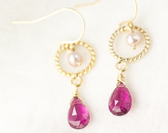 Yellow Gold Filled Pink Tourmaline Pearl Earrings: Heart Chakra Jewelry