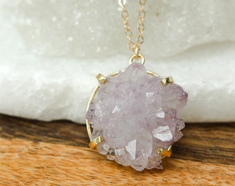 Amethyst Rose Cluster Pendant: Gold Plated Brass, Protective Crystal