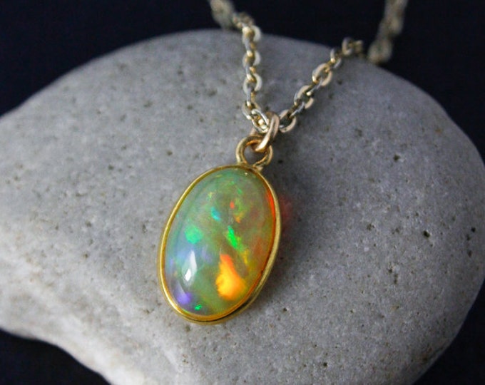 Gold Ethiopian Opal Necklace Set in Solid 14K Yellow Gold - Etsy