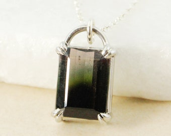 Sterling Silver Watermelon Tourmaline Necklace: Emerald Cut Pendant