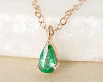 Emerald Pear Cut Necklace: May Birthstone, 10kt Gold Pendant