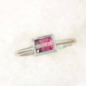 Silver Pink Ombre Tourmaline Ring, Rectangular Cut, Bezel Setting