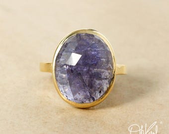 Gold Oval Blue Iolite Statement Ring - Blue Iolite Stone Ring - Choose Your Setting