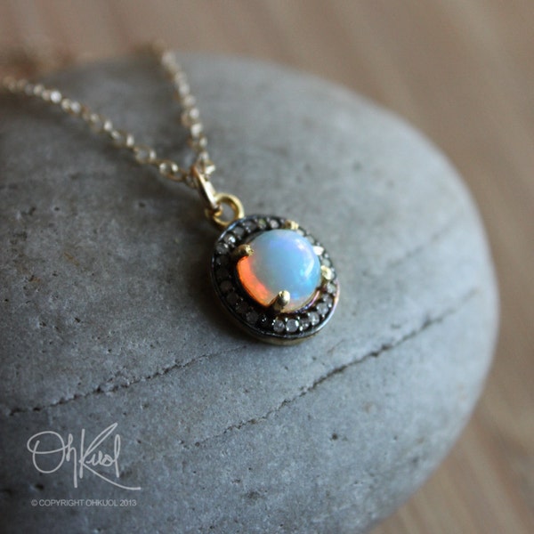 Ethiopian Opal Jewelry - Opal Necklace - Pave Diamond Set, 14K Gold Fill