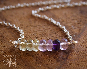 Pink Amethyst Ombre Necklace, Purple Amethyst, Yellow Lemon Quartz, Tumbled Gemstones, Beaded Bar Pendant, Row of Stones