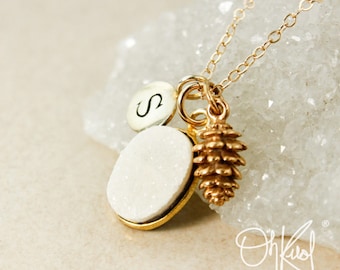 50% OFF SALE - White Druzy Pinecone Initial Charm Necklace, 14Kt Gold Filled