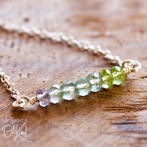 Green Peridot Ombre Necklace, August Birthstone, Blue Apatite, Beaded Bar Pendant, 925 Sterling Silver