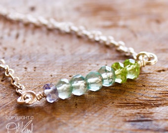 Green Peridot Ombre Necklace, August Birthstone, Blue Apatite, Beaded Bar Pendant, 925 Sterling Silver
