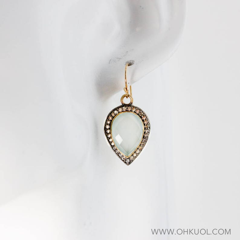 Micro-Pave White Topaz 14Kt Gold Filled Gold Aqua Chalcedony Teardrop Earrings Reverse Teardrop Earrings