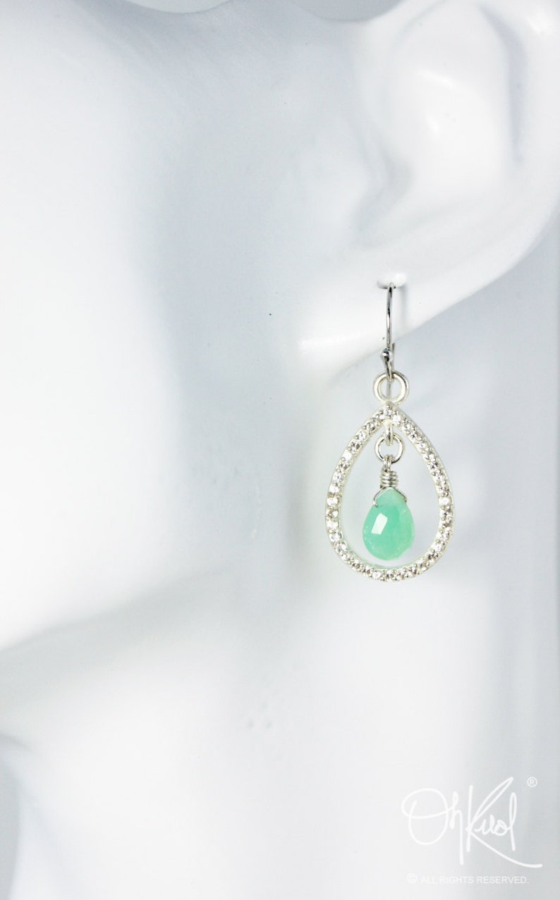 925 Silver Silver Mint Green Chrysoprase /& Pave White Topaz Teardrop Earrings