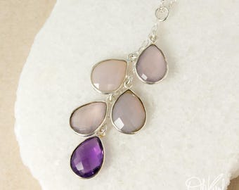 Silver Pink Chalcedony & Purple Amethyst Quartz Necklace, Waterfall Necklace, February Birthday, Chalcedony Teardrop