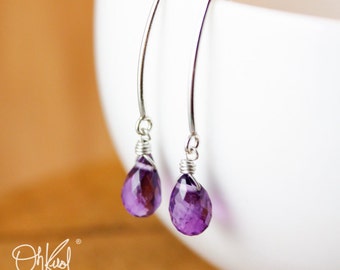 Silver Purple Amethyst Gemstone Earrings, February Birthdays, Purple Pear Shapped Hook Earrings, Amethyst Dangles