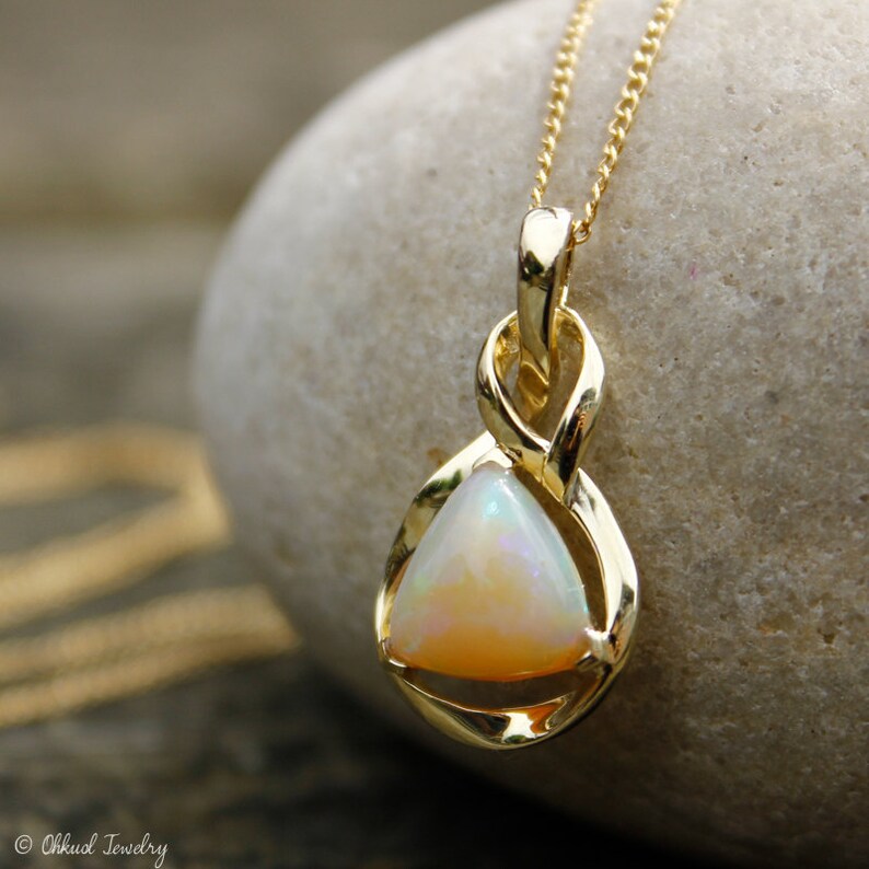 Milky White Opal Necklace, Australian Opal Necklace, Pyramid Opal, 10K Gold Setting image 3