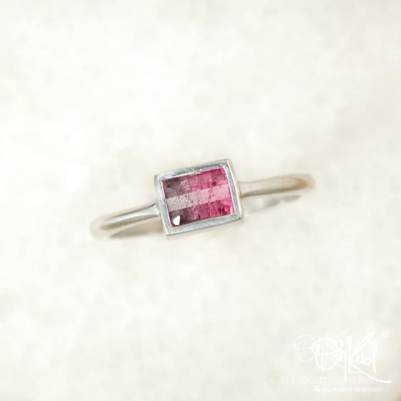 Rectangular Cut Bezel Setting Silver Pink Ombre Tourmaline Ring